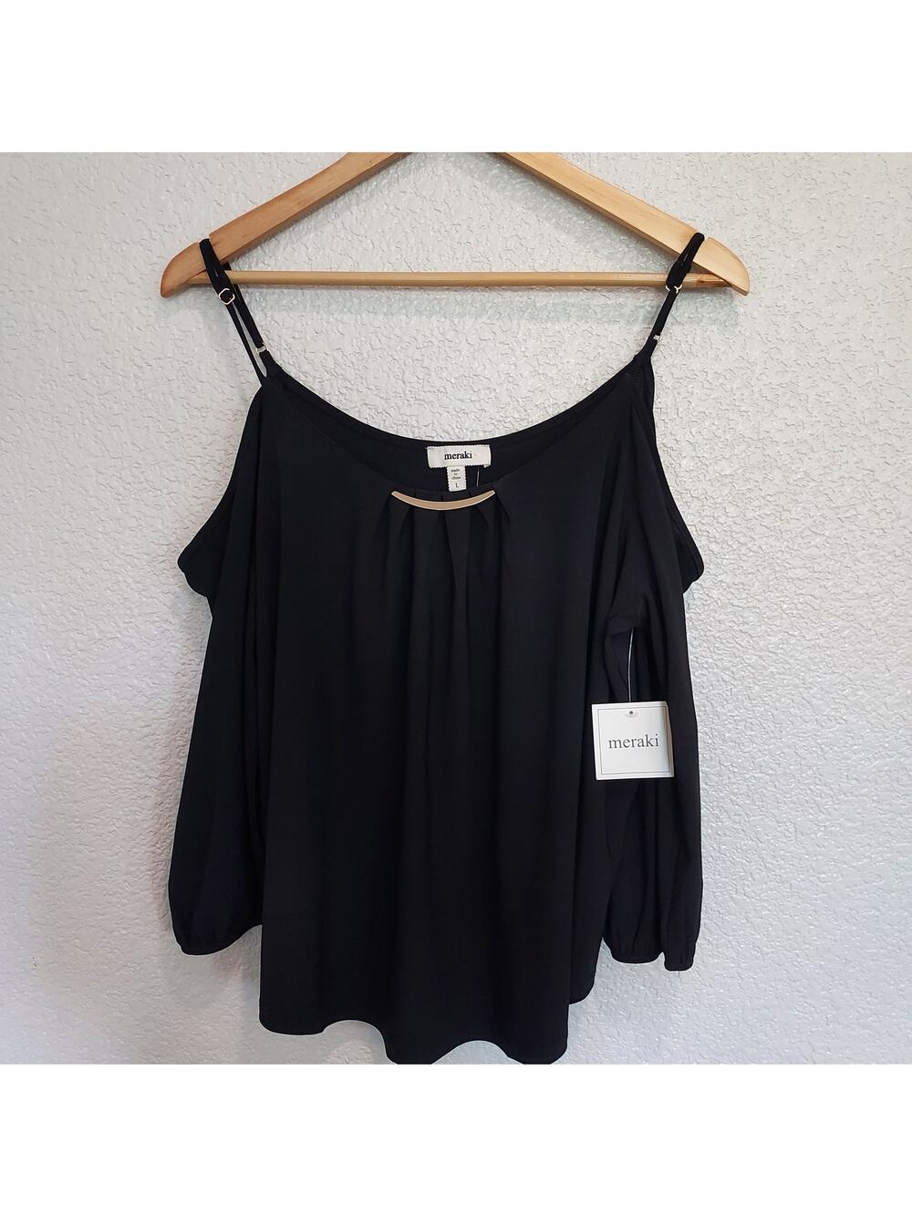 NEW Meraki Black Cold Shoulder Spaghetti Strap Blouse Size L